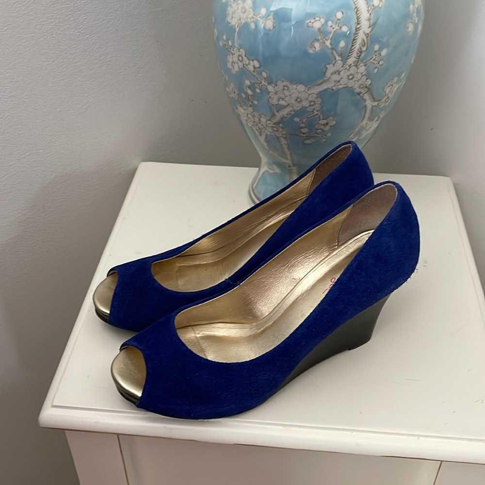 Lilly Pulitzer Cobalt Blue Suede Peep-Toe Wedge Heels with Gold Accents